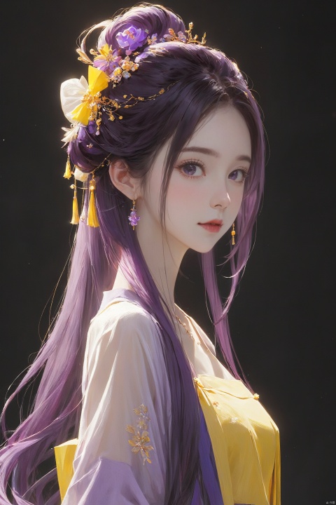  1girl, qingsha,,purple yellow theme,standing ,in the dark,simple background,upper body, looking at viewer,long colorful hair,(((masterpiece,best quality))),((good structure,Good composition,good atomy)), ((clear, original,beautiful)),