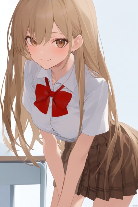  masterpiece, best quality, as7033, baiwe7033 style,
1girl, solo, long_hair, breasts, looking_at_viewer, blush, smile, bangs, skirt, blonde_hair, white_background, bow, brown_eyes, very_long_hair, closed_mouth, school_uniform, standing, white_shirt, short_sleeves, pleated_skirt, collared_shirt, bowtie, red_bow, plaid, dress_shirt, leaning_forward, plaid_skirt, arms_behind_back, light_brown_hair, red_bowtie, brown_skirt, shirt_tucked_in
