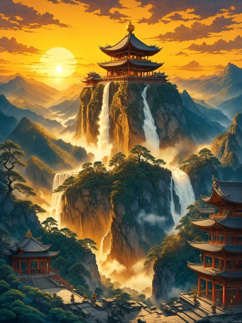 In a sky cluttered with clouds, a colossal Chinese bell floats. Golden sunset rays bathe the bell, adorned with ancient patterns. Waterfalls cascade down floating mountains in the distance. Near, on a mountain peak altar, a crowd faces the bell, assuming meditative postures.