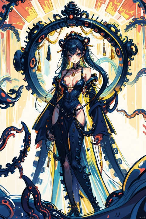 ivan Shishkinswamp, 1girl, torn clothes, large breast, giant tentacles, giant tentacle , growing eyes,
tentacles cum,   arm bound by chains,
 (((Hanging in the air with a tentacles))),
  tied legs together, 
long hair,dress,bodyfit dress,from below, thinbabay