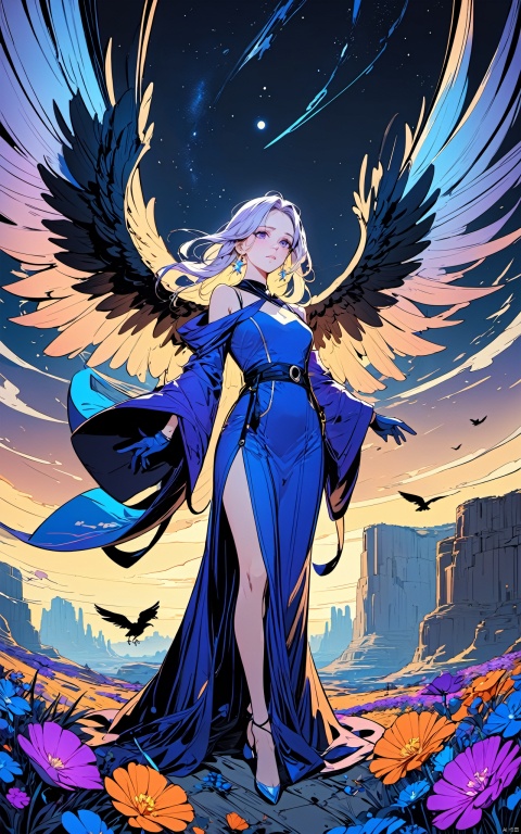  gameplay style ，masterpiece,best quality, line art,line style,1girl girl,color chaos theme，giant wings，gloves，long robe,dutch angle，dutch theme，dutch sky line.Screen tilt,pose tilt,dynamic pose,dynamic composition,purple eyes,blue o ring earrings,black blue gradient lightly dress,absolutely long hair,1girl in purple blue flower,canyon full flowers,crows fly arround her,dark night,star rail,looking at far,sad,(masterpiece,best quality,(good structure),(Good composition),(clear, original,beautiful),
