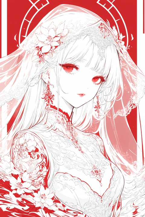 best quality,line art,line style,
the essence of a woman's face,partially obscured by a  veil.as style，red white theme,