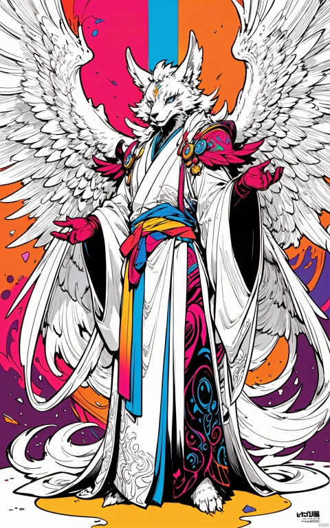  gameplay style ，masterpiece,best quality, line art,line style,furry girl,color chaos theme，giant wings，gloves，long robe,