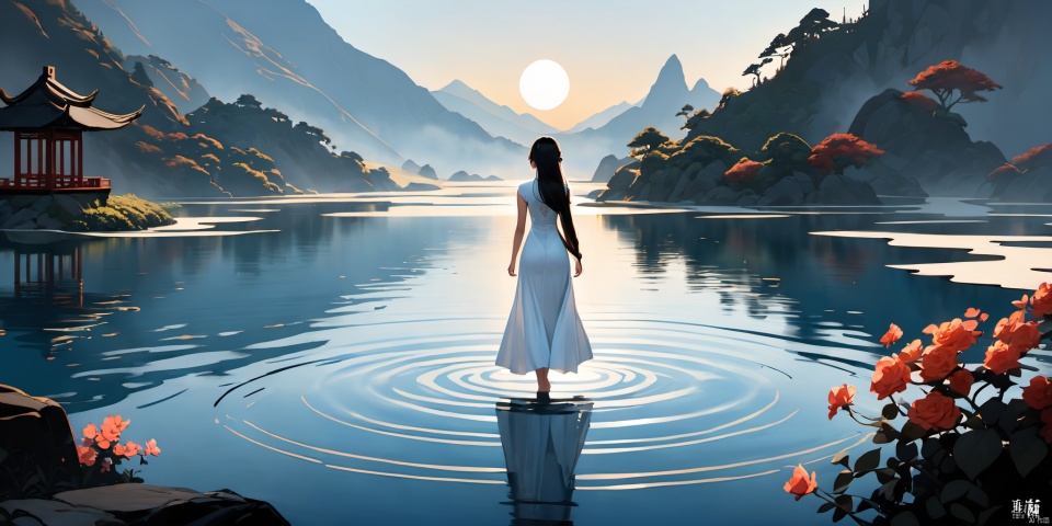  1girl standing on lake,vrey long hair,standing,from behind,back view,long dress,full body,chinese dress,lake,lake water,water ripple,Long Range Composition,Long shot(LS),from above,moon,Edgelight,Backlight,blue white theme,Chinese Ink Painting style,mountain at far,fog,flowers and plant at nearest,masterpiece,best quality,Rose, jasmine, platycodon,walking,white dress,lace_trim,bare_foot,