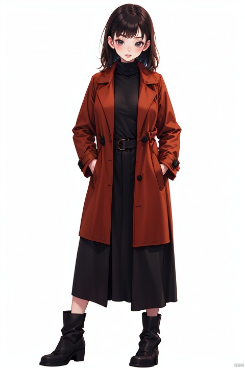  best quality, masterpiece, ultra-detailed, moody lighting,  1girl, solo, sweater, skirt, simple background, white background, coat, full body, brown hair, hands in pockets, black footwear, ribbed sweater, brown coat, looking at viewer, boots, open coat, standing, belt, long hair, turtleneck, hair ribbon, black skirt, turtleneck sweater, breasts, bangs, ribbon, red ribbon, trench coat, long sleeves, long skirt, open clothes, closed mouth, brown sweater