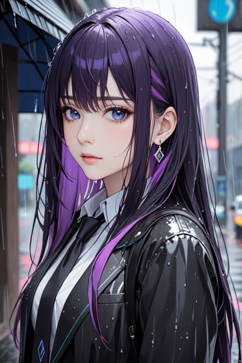  1girl,shirt,solo,necktie,rain,blue eyes,long hair,jewelry,jacket,earrings,black necktie,looking at viewer,black hair,collared shirt,black jacket,upper body,closed mouth,purple hair,multicolored hair,outdoors,bangs,open jacket,wet,background,open clothes,colored inner hair,hair between eyes,
