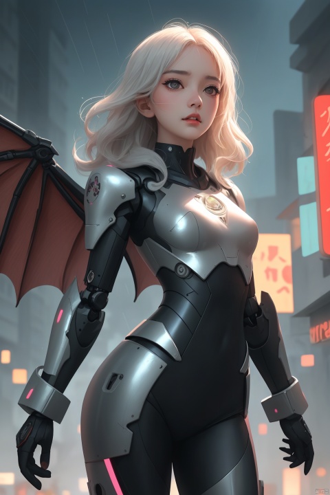  {{master piece}},best quality,illustration,1girl,small breast,beatiful detailed eyes,beatiful detailed cyberpunk city,flat_chest,beatiful detailed hair,wavy hair,beatiful detailed steet,mecha clothes,robot girl,cool movement,sliver bodysuit,{filigree},dargon wings,colorful background,a dragon  stands behind the girl,rainy days,{lightning effect},beatiful detailed sliver dragon arnour,（cold face）, myinv, (\lang lang\)