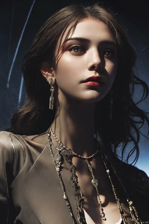  1girl,upper body,necklace,earrings,jewelry,(((masterpiece, best quality))), in the dark,deep shadow,moyou