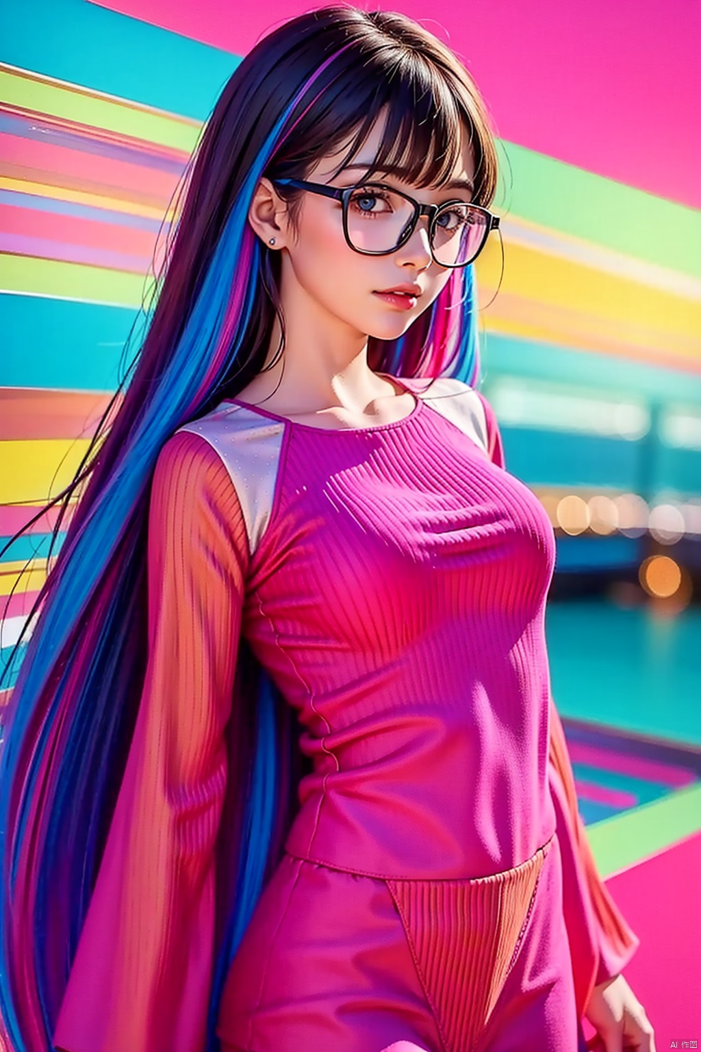  1girl, eyewear,long_hair, looking at viewer,cowboy shot, liuti,colorful hair,