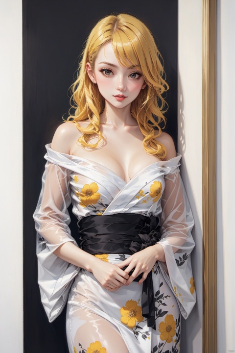  fine art, oil painting, 1girl,black kimono,yukata,white theme.long curly hair,yellow hair,off-shoulder,see through,cowboy shot,