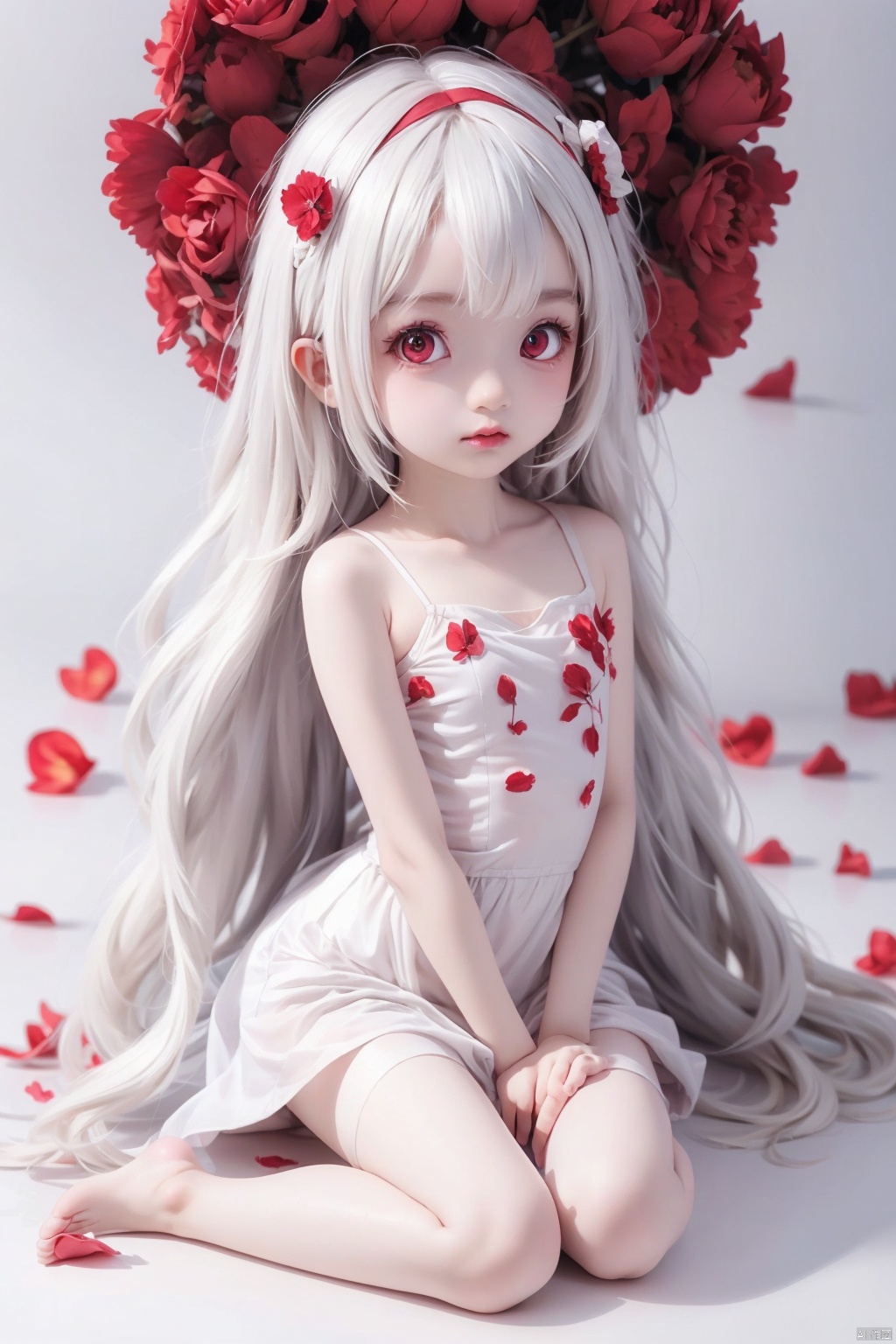  1girl,red eyes,white long translucent night gown,expressionless,(white hair),hair cover one eye,long hair,red hair flower,kneeling on lake,blood,(plenty of red petals:1.35),(white background:1.5),(English text).,(loli:1.5),(5yo:1.5),(very_long_hair,:1.3),chibi, edool