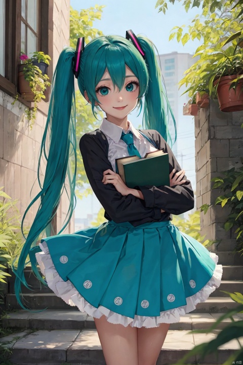 1girl, hatsune miku, solo, long hair, twintails, window, holding, shirt, very long hair, plant, holding book, book, white shirt, skirt, outdoors, railing, stairs, looking at viewer, green eyes, smile, aqua hair, aqua eyes, long sleeves, bush, standing, crossed arms, blue skirt, green hair, hair between eyes, building