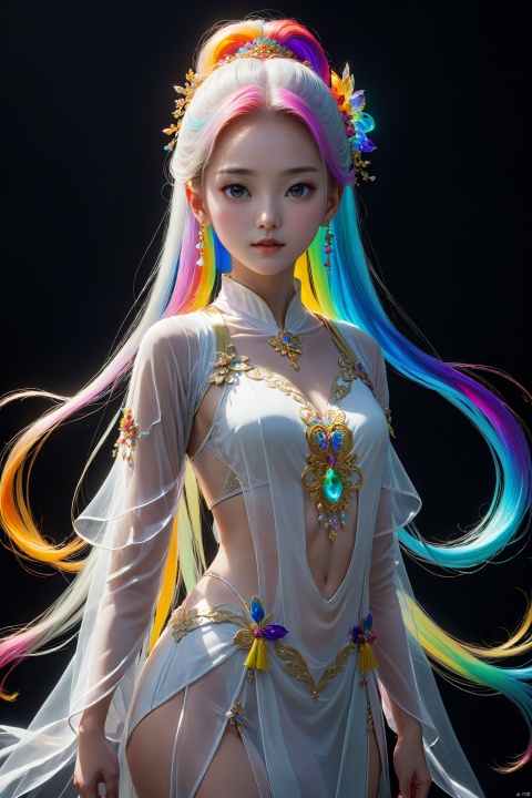  nishang, 1girl, qingsha,,white theme,standing ,in the dark,simple background,upper body, looking at viewer,long colorful hair,see through,(((masterpiece,best quality))),((good structure,Good composition,good atomy)), ((clear, original,beautiful)),