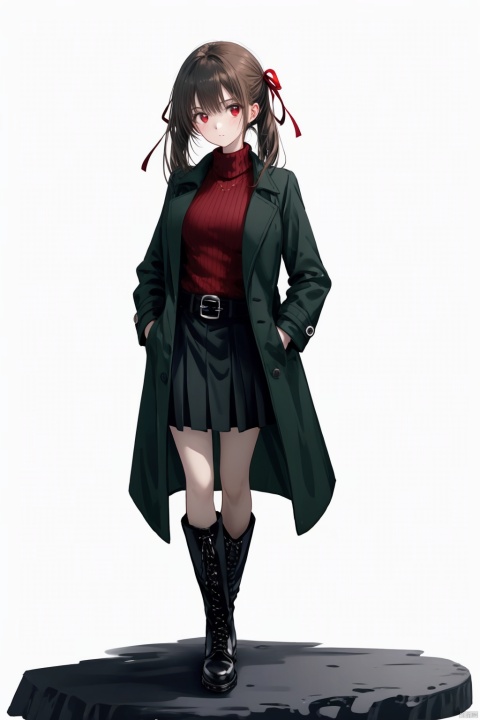 , 1girl, solo, sweater, skirt, full body, brown hair, white background, coat, simple background, hands in pockets, black footwear, looking at viewer, boots, brown coat, ribbed sweater, belt, standing, long hair, open coat, turtleneck, hair ribbon, breasts, turtleneck sweater, black skirt, ribbon, bangs, red ribbon, trench coat, long skirt, long sleeves, open clothes, red eyes, brown sweater