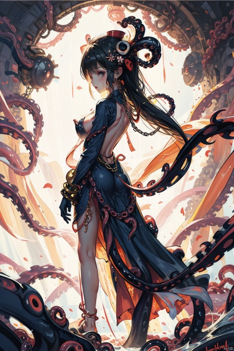 ivan Shishkinswamp, 1girl, torn clothes, large breast, giant tentacles, giant tentacle , growing eyes,
tentacles cum,   arm bound by chains,
 (((Hanging in the air with a tentacles))),
  tied legs together, 
long hair,dress,bodyfit dress,from behind,