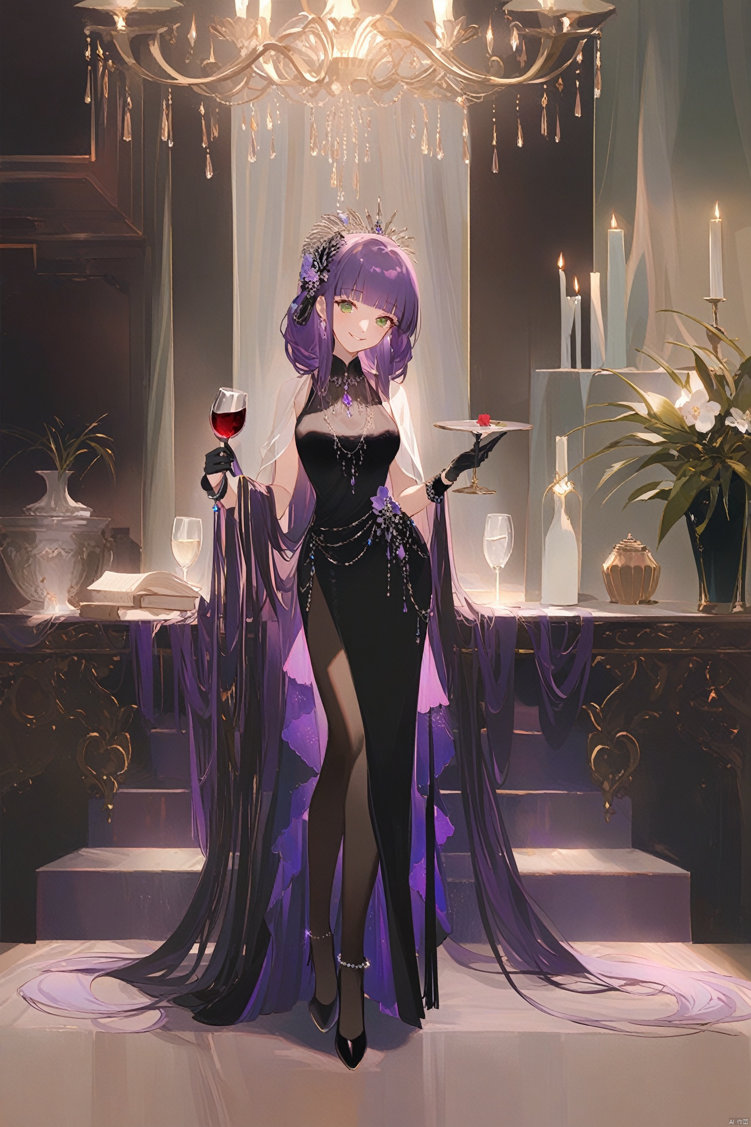  {{master piece}},best quality, baiwe7033 style, 1girl, gloves, long hair, solo, cup, drinking glass, holding, dress, black gloves, wine glass, very long hair, green eyes, black footwear, looking at viewer, purple hair, standing, black dress, holding cup, indoors, stairs, full body, alcohol, flower, bangs, bottle, vase, wine, smile, absurdly long hair, high heels, wine bottle, jewelry, table, official alternate costume, curtains, blunt bangs, shawl, breasts, half gloves, candle, bracelet, chandelier, closed mouth, sleeveless, plant, long dress, low-tied long hair, potted plant, pantyhose, hair ornament, parted lips, lamp, sleeveless dress, cape, pink flower, boots, white flower, white cape, candlestand, nishang