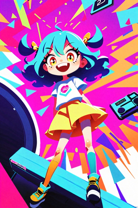  A girl,a female anime character is wearing futuristic and shoes, in the style of psychedelic neon, nintencore, skottie young, light pink and light black, kidcore, dark white and dark cyan, colorful chaos, sifang