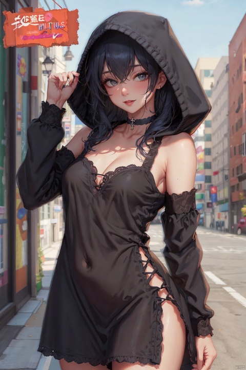 1girl, solo, long hair, breasts, looking at viewer, bangs, black hair, dress, cleavage, bare shoulders, medium breasts, closed mouth, standing, collarbone, cowboy shot, outdoors, choker, day, hood, black dress, lips, grey eyes, black choker, wristband, cloak, hood up, arms at sides, cross-laced clothes
- High-quality photography
- Master's work
- Detailed face description
- Cute girl
- Sexy pose
- Fashionable woman
- Vibrant colors
- Wearing a colorful outfit
- Confident expression
- Majestic environmental elements
- Photography
- Bold text description
- Catchy headline
- Stylish font
- Striking and modern cover design
- Trendy and attention-grabbing title
- Center of focus is fashion.,blue_jijiaS
