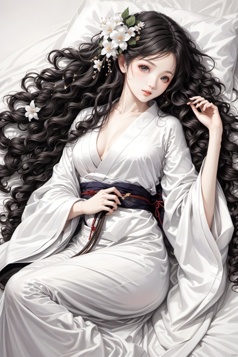  fine art, oil painting, 1girl,white kimono,yukata,white theme.long curly hair, hair,lying, NVZ,