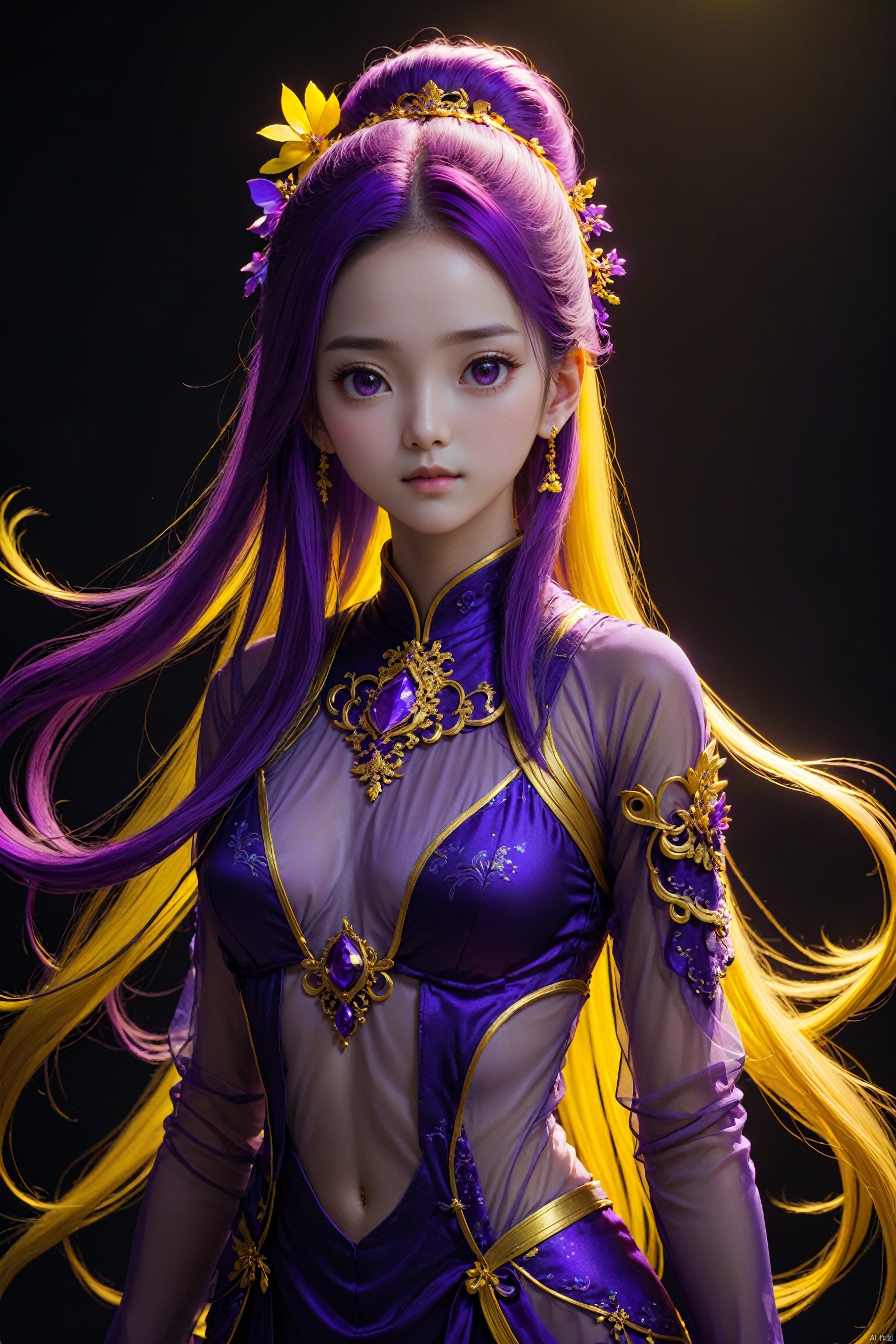  nishang, 1girl, qingsha,,purple yellow theme,standing ,in the dark,simple background,upper body, looking at viewer,long colorful hair,see through,(((masterpiece,best quality))),((good structure,Good composition,good atomy)), ((clear, original,beautiful)),
