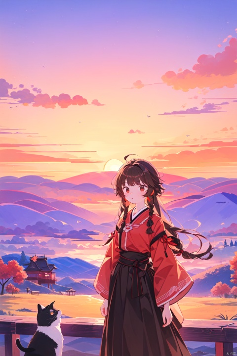  animal, brown_hair, cat, cloud, cloudy_sky, fire, japanese_clothes, long_hair, mountain, outdoors, skirt, sky, sunrise, sunset, twilight, wide_sleeves, yinyou, faxa