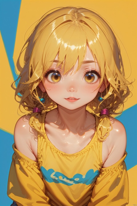 score_9, score_8_up, score_7_up, score_6_up,,yellow background,dynamic Angle,Solid color background,Flat color,cute little girl,loli,solo,solo focus,detailed eyes,detailed face,shiny hair, shiny skin, shiny eyes, yellow hair,low twintails,collarbone, bare shoulders,yellow clothes,