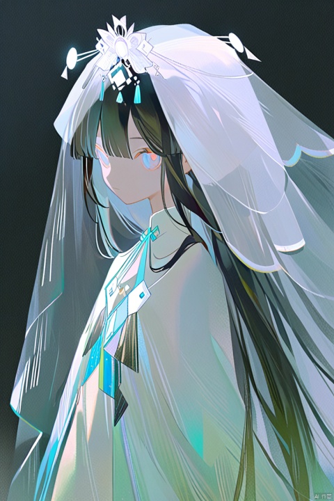  a gongbi painting of a 20 years old black long hair Chinese girl, Cute and beautiful girl, wearing a white wedding dress and a white veil on her head, pink and tender, half body, looking at the camera, extremely minimalism portrait, geometric shapes, matte light black background, in the style of crisp neo-pop illustrations, animated gifs, dolly kei, cartoon-like characters, baiwe7033 style