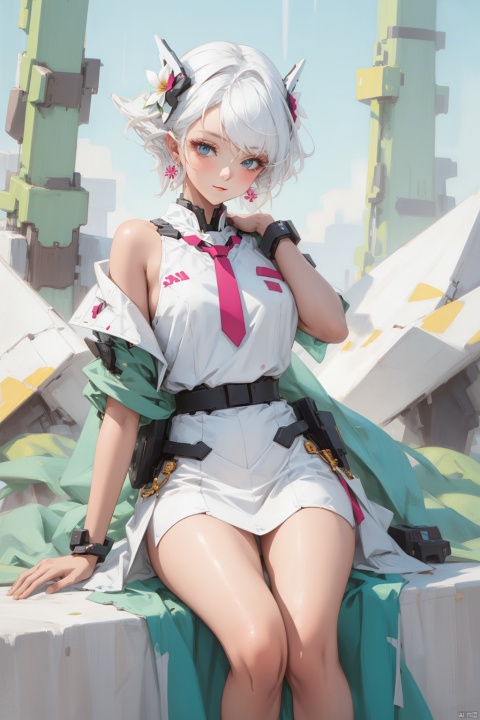  1girl,(flowers theme), (jewerly theme),looking at far,,(((white theme))),sitting ,EARRINGS,HAND BARCERT,NECK TIE,MECHA GIRL,simple background,