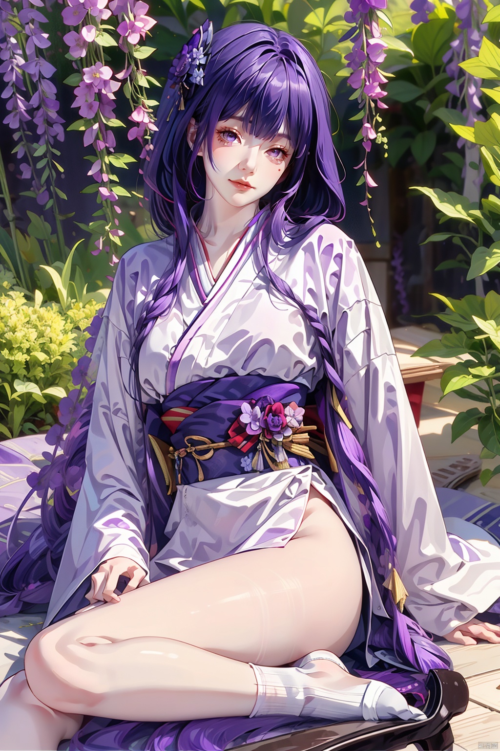  (masterpiece, best quality), 1girl, (realistic), Raiden_Ei, purple hair,bangs,japanese clothes,solo,light purple kimono,tabi,hair ornament,long hair,logs,long hair,white socks,bare leg,sash,wide sleeves,wisteria, wisteriaflower,