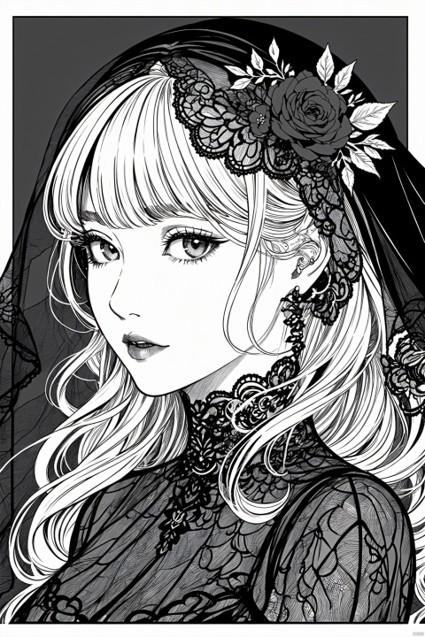  best quality,line art,line style,
the essence of a woman's face,partially obscured by a black veil.as style,cute style 