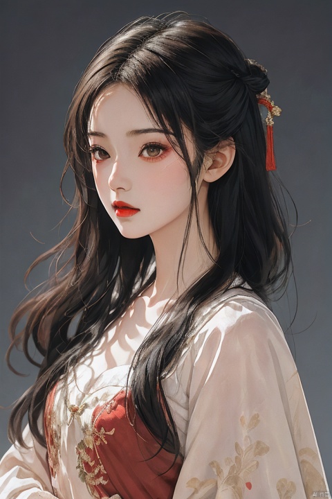  1girl, solo, long hair, looking at viewer, simple background, (black hair:1.2), closed mouth, upper body, artist name, from side, looking to the side, makeup, straight hair, brown background, red lips, (red Hanfu:1.2), (realistic:1.2), red robe, Chinese style