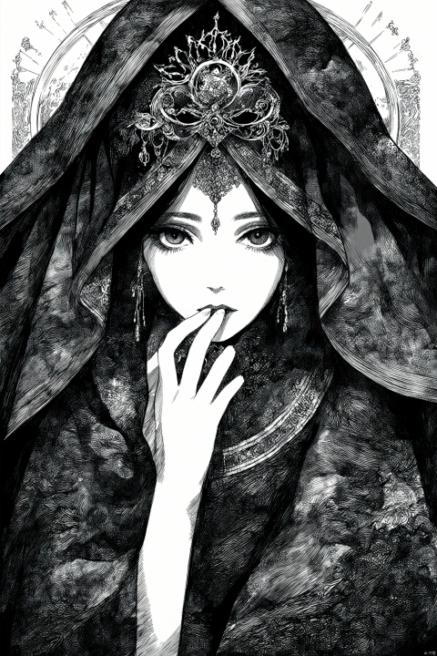  best quality,line art,line style,
the essence of a woman's face,partially obscured by a black veil. Her eyes,the windows to her soul,are the focal point of this image. They are large and expressive,framed by thick,dark eyelashes that add depth and intensity to her gaze. The veil,draped over her head and covering her mouth,adds an air of mystery and intrigue. A decorative headpiece adorns her forehead,its intricate design adding a touch of elegance and cultural significance. The background is a stark black,providing a stark contrast that accentuates the details of her face and the veil.The woman's position relative to the background suggests she is standing in front of it. The photograph beautifully encapsulates a moment of quiet contemplation and cultural richness., as style