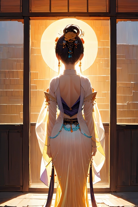  {{master piece}},best quality, baiwe7033 style,1girl,solo,standing on windows,sun light on her head,from behind, nishang,nishang clothes,
