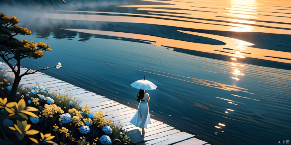 holding umbrella,1girl standing on lake,vrey long hair,standing,from behind,back view,long dress,full body,chinese dress,lake,lake water,water ripple,Long Range Composition,Long shot(LS),from above,moon,Edgelight,Backlight,blue white theme,Chinese Ink Painting style,mountain at far,fog,flowers and plant at nearest,masterpiece,best quality,Rose, jasmine, platycodon,walking,white dress,lace_trim,bare_foot,