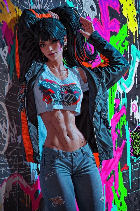 (score_9,score_8_up,score_7_up,score_6_up,score_5_up,score_4_up） 
A vibrant and dynamic illustration inspired by Bill Sienkiewicz's distinct style, featuring a stunning teenage girl standing by a graffiti-covered wall. She is clad in bold, colorful clothing, her hair a wild cascade of bright hues that matches the energetic graffiti. The girl exudes youthful energy, her arms outstretched as if embracing the urban atmosphere around her. The background is alive with abstract shapes and bold lines, enhancing the overall electric vibe of the scene., vibrant