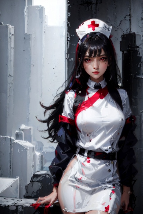 1girl,White nurse hat, nurse attire, red eyes, long hair,(masterpiece, best quality, highres, high resolution:1.2),