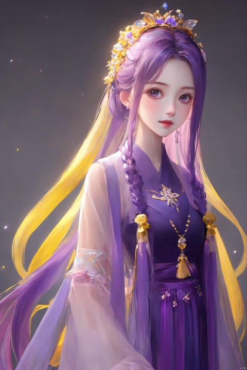  1girl, qingsha,,purple yellow theme,standing ,in the dark,simple background,upper body, looking at viewer,long colorful hair,(((masterpiece,best quality))),((good structure,Good composition,good atomy)), ((clear,original,beautiful)),