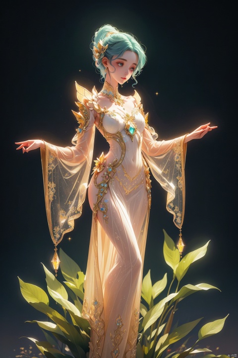  extremely delicate iridiscent a woman made of Translucent glowing glass, translucent, tiny golden accents, beautifully and intricately detailed, ethereal glow, whimsical, art by Mschiffer, best quality, glass art, magical holographic glow,arms hidden on back,