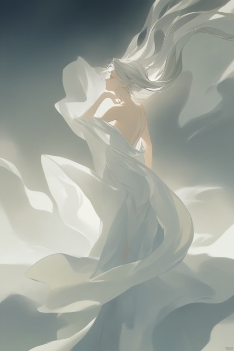 masterpiece, best quality, as7033, baiwe7033 style,

The image portrays a figure draped in flowing, white fabric that contours elegantly around their form. The material clings delicately to the shape of the body, suggesting movement and grace. One can observe a portion of the figure's hair, which appears ethereal and disheveled, contributing to an overall sense of dynamism. The color palette is dominated by shades of white and light blue, imparting a tranquil and almost otherworldly ambiance. The interplay of light and shadow adds depth, creating a soft contrast between the lighter and darker areas of the composition.