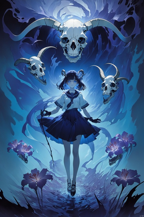  masterpiece,best quality,
(full body),standing,looking at viewer,(solo),
(1girl:1.5),solo,serafuku,lycoris flower,(goat skull:1),(horror),
(gloomy),(blue pigment:1.33),(hollow eyes:1),(expressionless
eyes),cowboy shot,ghost behind,floating animal skull,
(hanya, hair ornament:1.1),1girl,gloves,breasts,toenail
polish,makeup,( good hands, nice hands:0.5),(beautiful face),
((intricate detail)),clear face,purple theme,
