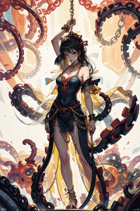  ivan Shishkinswamp, 1girl,solo, torn clothes, large chain, giant chains, giant chains , empty eyes,
tentacles cum, arm bound by chains,
 (((Hanging in the air with a tentacles))),
 tied legs together, 
long hair,bodyfit chinese clothes ,