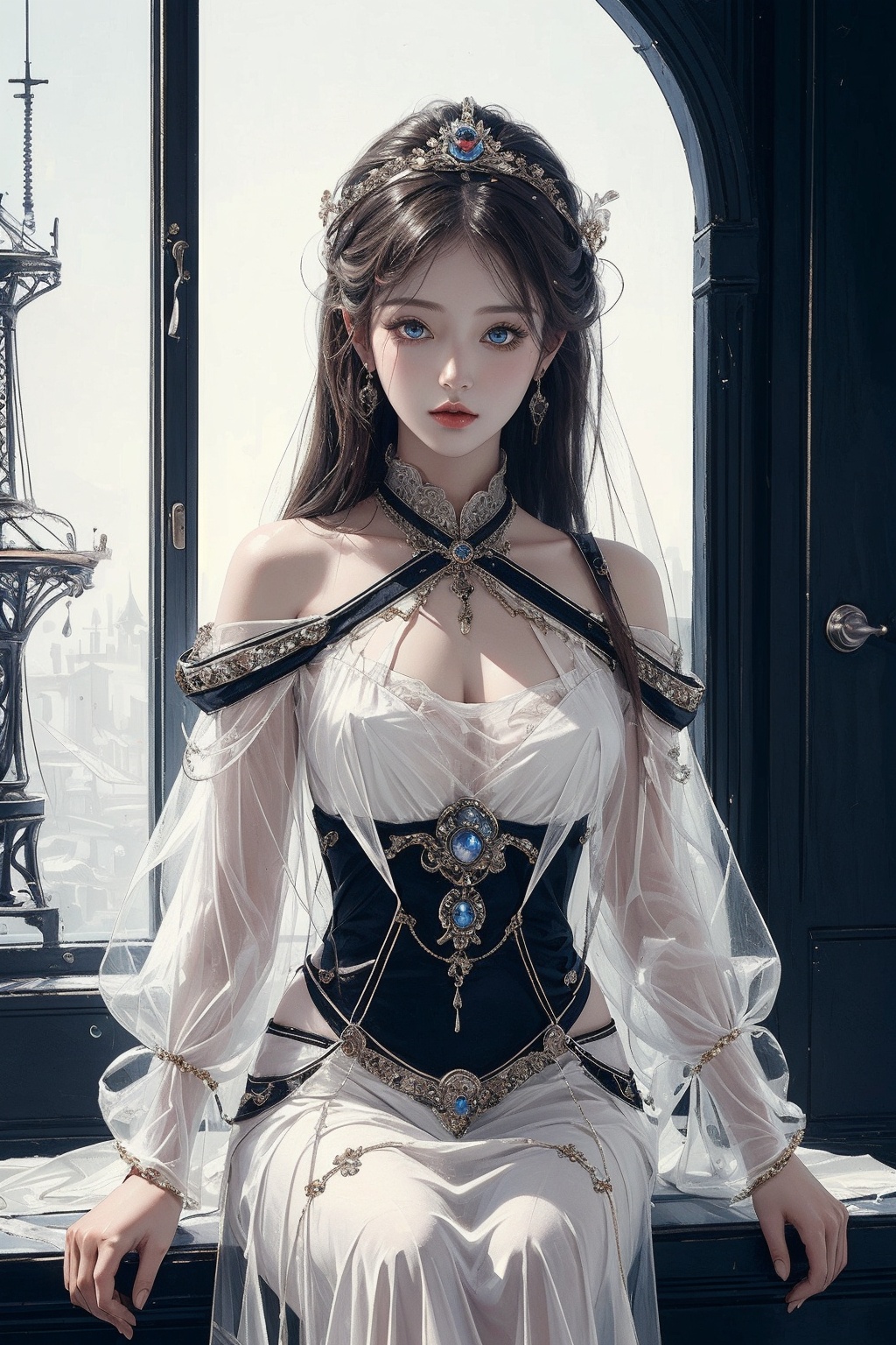 (((masterpiece,best quality))),((good structure,Good composition,good atomy)), ((clear, original,beautiful)),,1girl, long hair,fantasy white theme,looking_at_viewer,see-through,