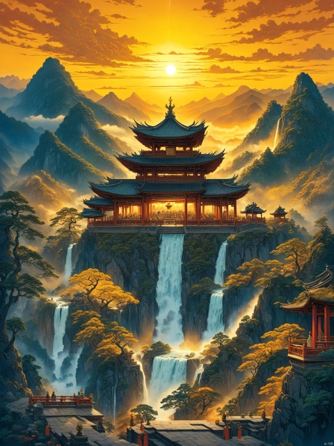 In a sky cluttered with clouds, a colossal Chinese bell floats. Golden sunset rays bathe the bell, adorned with ancient patterns. Waterfalls cascade down floating mountains in the distance. Near, on a mountain peak altar, a crowd faces the bell, assuming meditative postures.