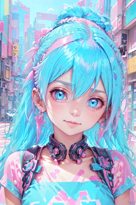  cyberpunk city,1girl,solo,looking at viewer,ponytail,long hair,multicolored hair,blue hair,pink hair,earrings,jewelry,parted lips,blue eyes,upper body,from side,lips, kawaiitech,pastel colors,kawaii