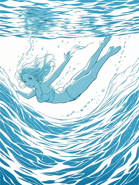  line art, 1girl,swimming, water style，under water