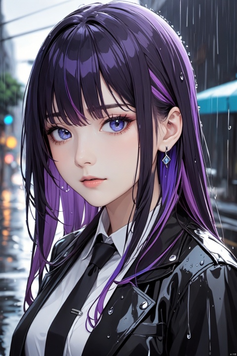  1girl,shirt,solo,necktie,rain,blue eyes,long hair,jewelry,jacket,earrings,black necktie,looking at viewer,black hair,collared shirt,black jacket,upper body,closed mouth,purple hair,multicolored hair,outdoors,bangs,open jacket,wet,background,open clothes,colored inner hair,hair between eyes,
