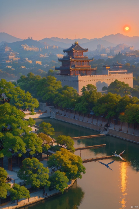  , shinkai color, OUT7033,
Masterpiece,high quality,scenery,chinese architecture,trees,birds,sun,dusk,