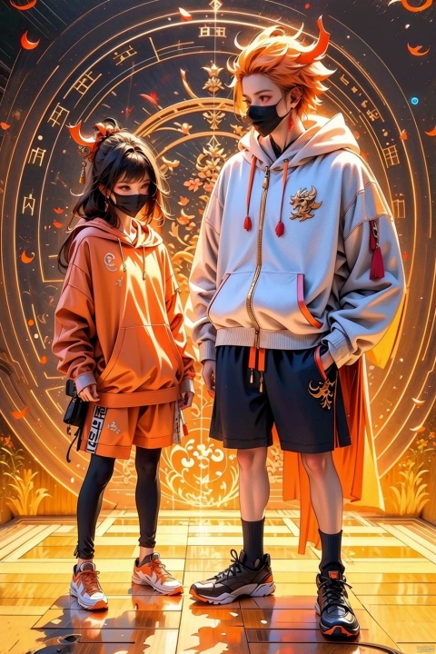 Highly detailed, best quality, masterpiece, 3D, solo, horn, hood, sneakers, pocket hands, shoes, hoodies, shorts, 1boy, orange shoes, dragon horns, jackets, masks, red shoes, drawstring, girl focus, orange hoodies, national wind background, standing, full body, furry, dragon beard, black shorts, gradient, socks, HDR,UHD,8K,(Oriental Dragon Background: 1.2)
