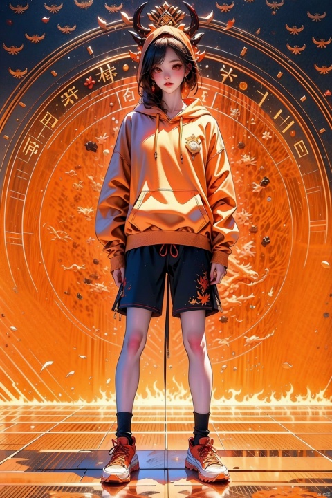  Highly detailed, best quality, masterpiece, 3D, solo, horn, hood, sneakers, pocket hands, shoes, hoodies, shorts, 1boy, orange shoes, dragon horns, jackets, masks, red shoes, drawstring, girl focus, orange hoodies, national wind background, standing, full body, furry, dragon beard, black shorts, gradient, socks, HDR,UHD,8K,(Oriental Dragon Background: 1.2)