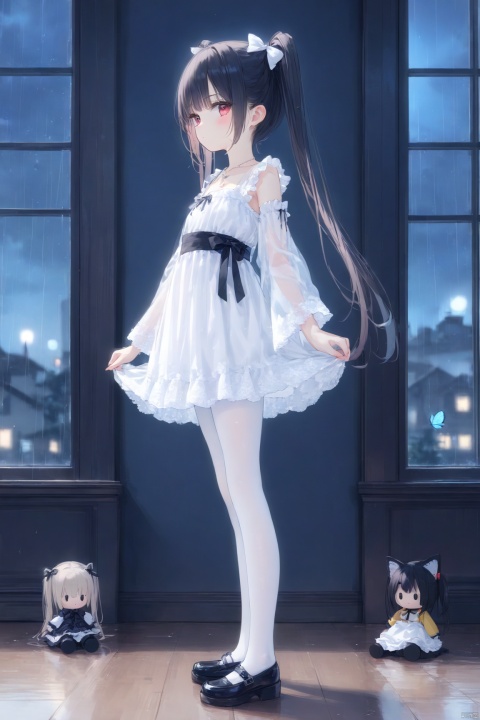  1girl, loli, blush, long hair, black hair, straight hair, twintails, white dress,
gothic lolita, lolita dress, see-through, wide sleeves, small breasts, bow, layered dress, lace, necklace, ribbon,
white pantyhose, 
from side, standing, looking at viewer, full body, expressionless, close-up, dress lift,
indoors, big window, sash, moonlight, rain,
onnk, [butterfly:0.8],
masterpiece, best quality, blurry background, depth of field, , tinkle, doll, as7033, nin style